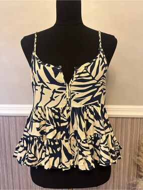 Patrons of Peace Tropical Leaf Tiered Peplum Cami Tank Medium Boho Rayon